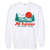Retro Mount Rainier Mountain Trees And Sun Scene Graphic Gift Garment-Dyed Sweatshirt