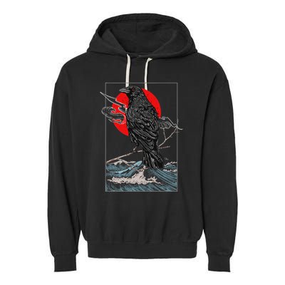 Red Moon Raven Graphic Black Crow Garment-Dyed Fleece Hoodie