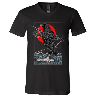 Red Moon Raven Graphic Black Crow V-Neck T-Shirt