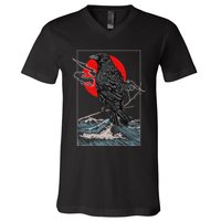 Red Moon Raven Graphic Black Crow V-Neck T-Shirt