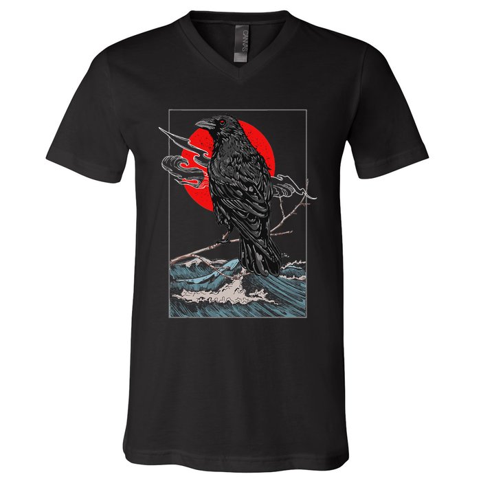 Red Moon Raven Graphic Black Crow V-Neck T-Shirt