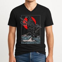 Red Moon Raven Graphic Black Crow V-Neck T-Shirt