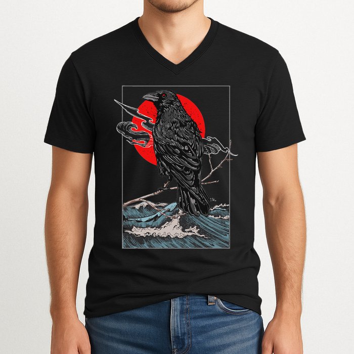 Red Moon Raven Graphic Black Crow V-Neck T-Shirt