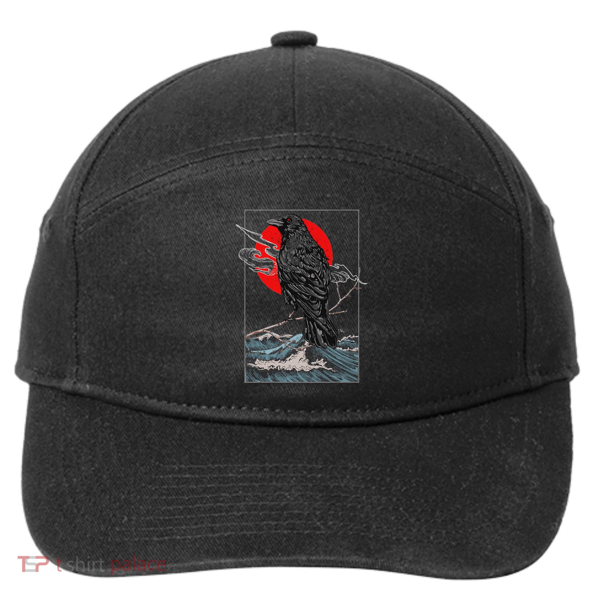 Red Moon Raven Graphic Black Crow 7-Panel Snapback Hat