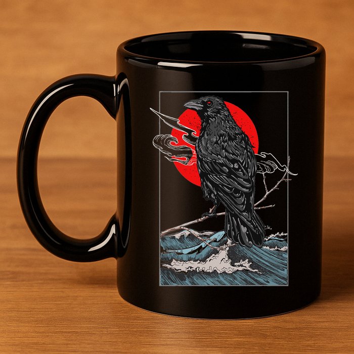 Red Moon Raven Graphic Black Crow 11oz C Handle Ceramic Mug