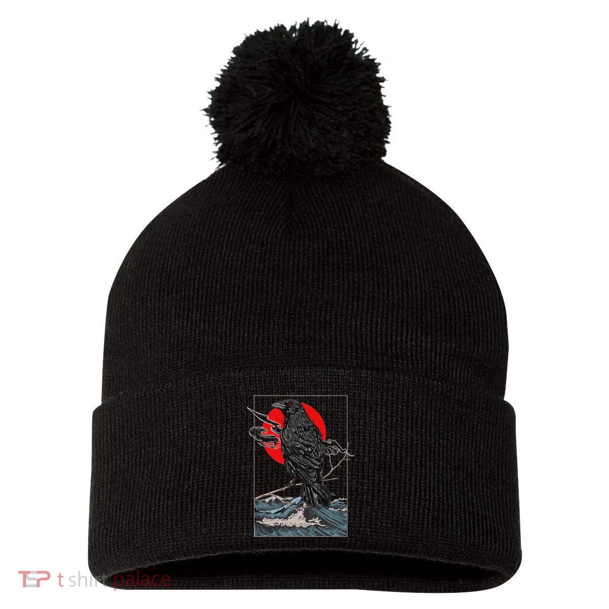 Red Moon Raven Graphic Black Crow Pom Pom 12in Knit Beanie