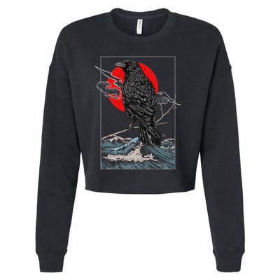 Red Moon Raven Graphic Black Crow Cropped Pullover Crew