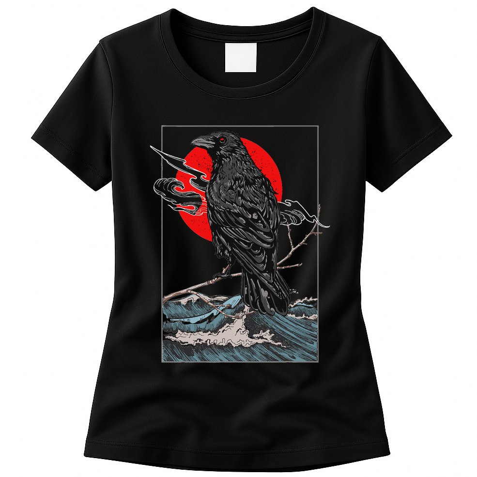 Red Moon Raven Graphic Black Crow Womens T-Shirt