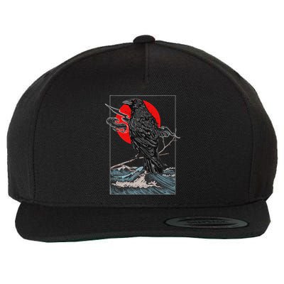 Red Moon Raven Graphic Black Crow Wool Snapback Cap