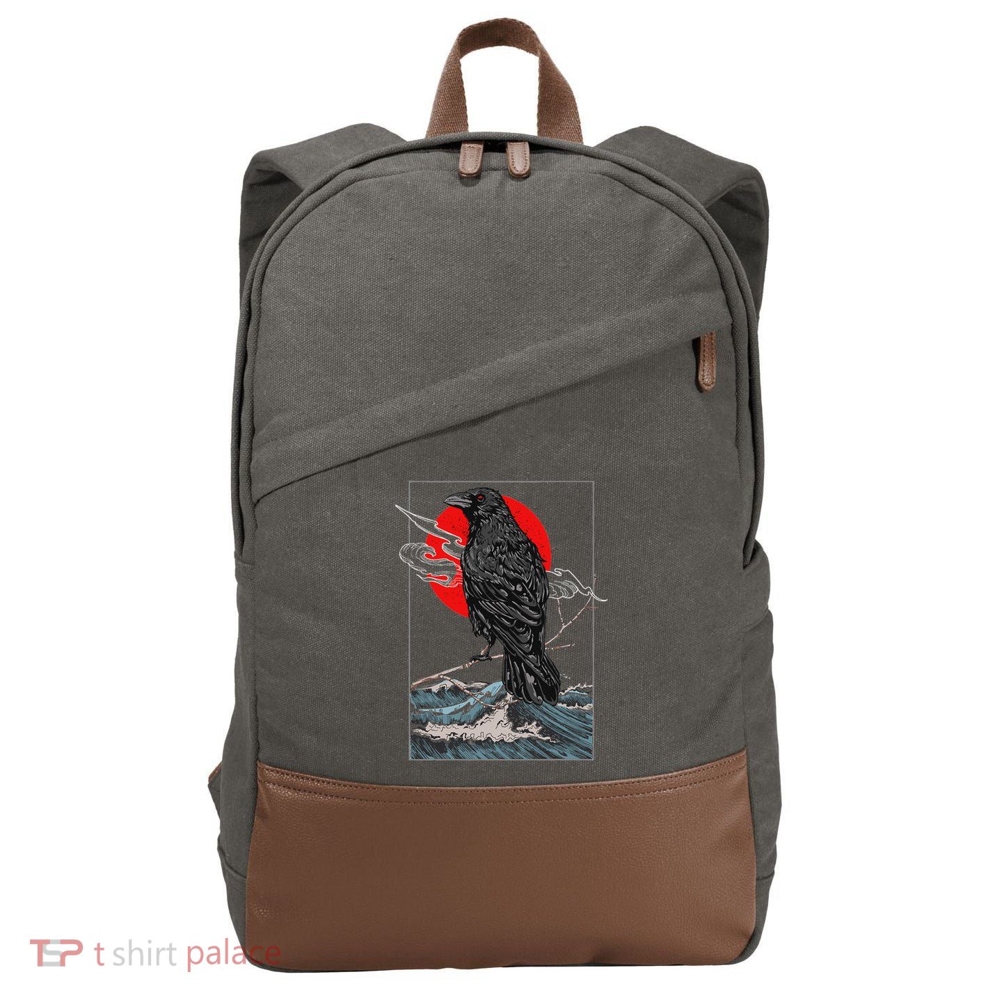 Red Moon Raven Graphic Black Crow Cotton Canvas Backpack
