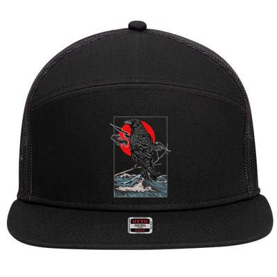 Red Moon Raven Graphic Black Crow 7 Panel Mesh Trucker Snapback Hat