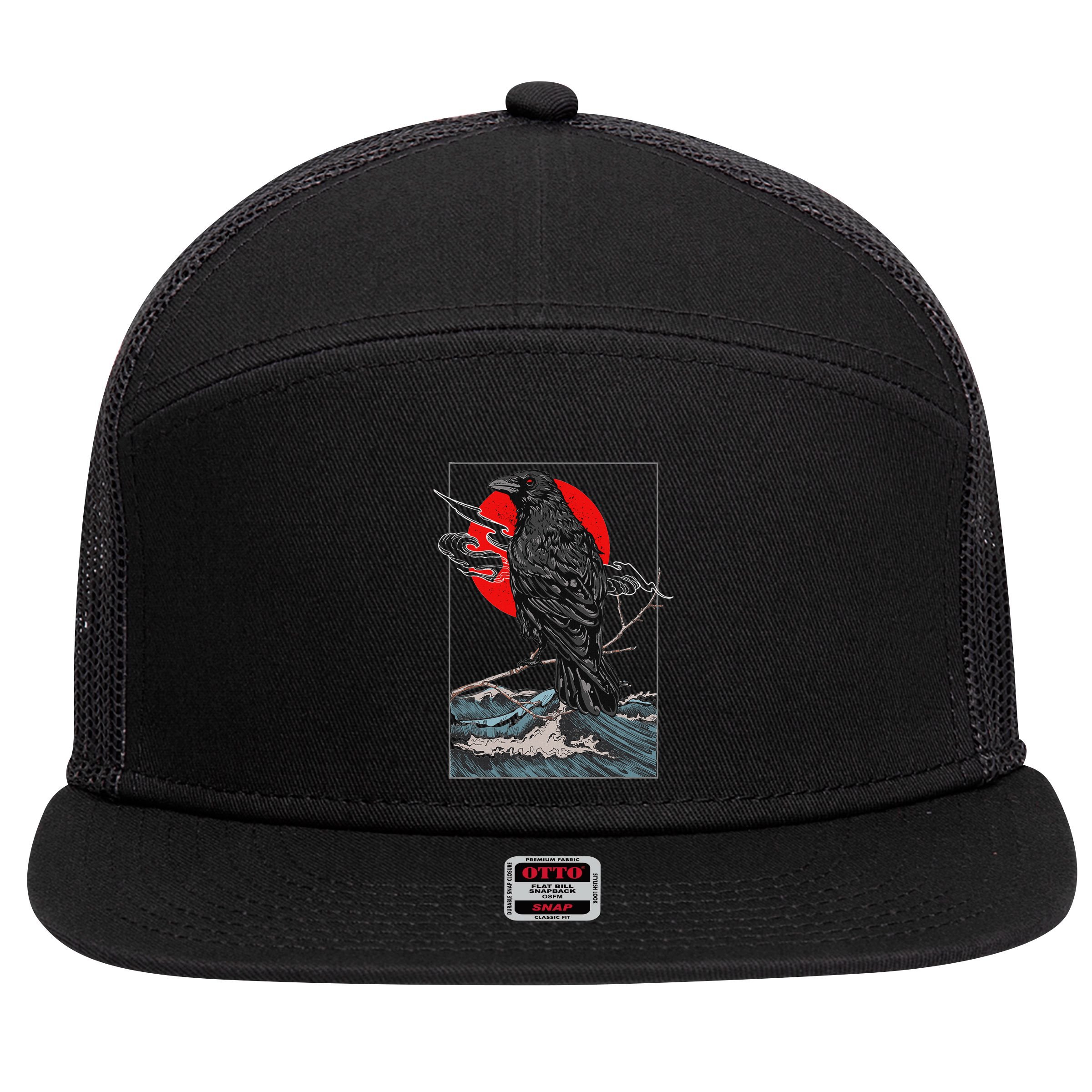 Red Moon Raven Graphic Black Crow 7 Panel Mesh Trucker Snapback Hat