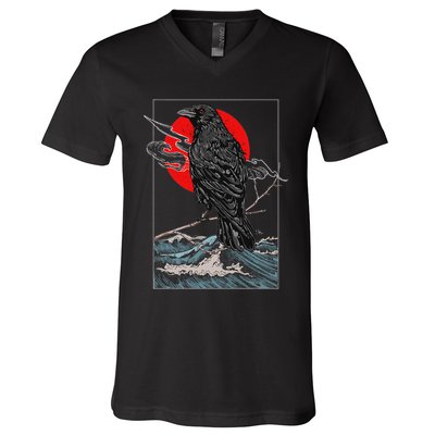 Red Moon Raven Graphic Black Crow V-Neck T-Shirt