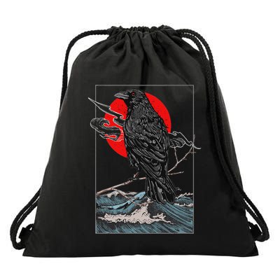 Red Moon Raven Graphic Black Crow Drawstring Bag