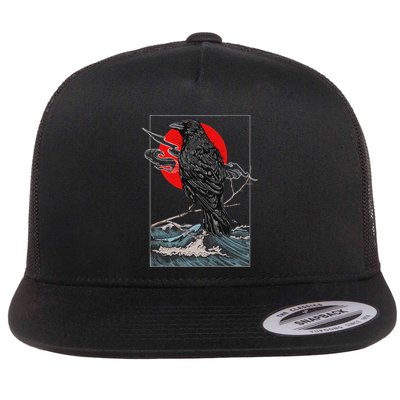 Red Moon Raven Graphic Black Crow Flatbill Hat