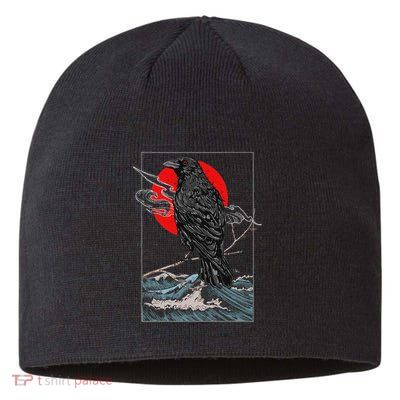 Red Moon Raven Graphic Black Crow Sustainable Beanie