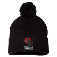 Red Moon Raven Graphic Black Crow Pom Pom 12in Knit Beanie