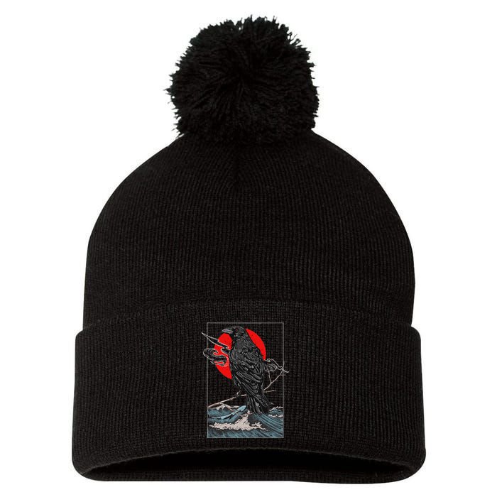 Red Moon Raven Graphic Black Crow Pom Pom 12in Knit Beanie