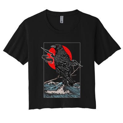Red Moon Raven Graphic Black Crow Crop Top