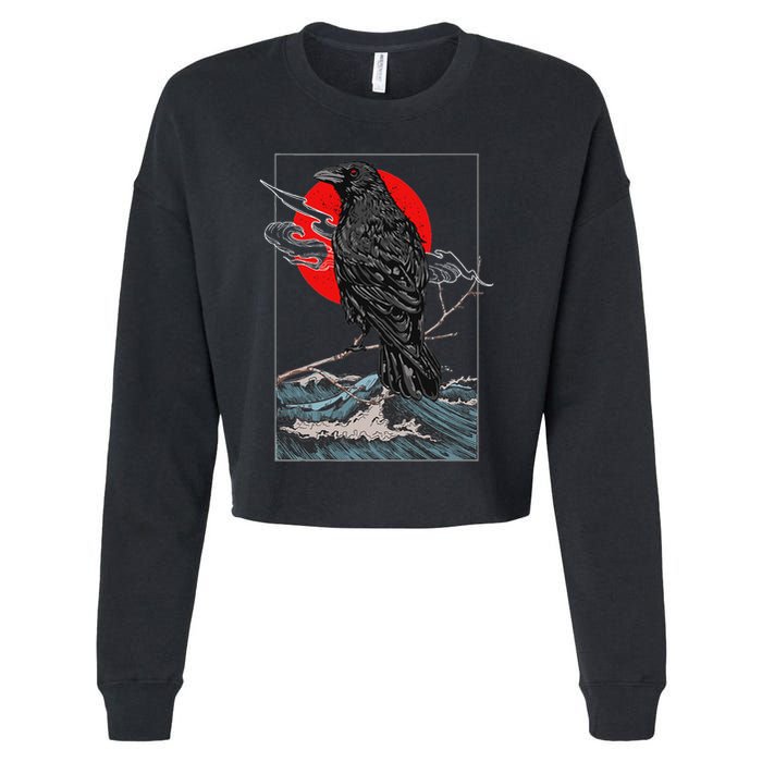 Red Moon Raven Graphic Black Crow Cropped Pullover Crew