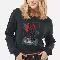 Red Moon Raven Graphic Black Crow Cropped Pullover Crew