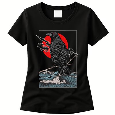 Red Moon Raven Graphic Black Crow Womens T-Shirt