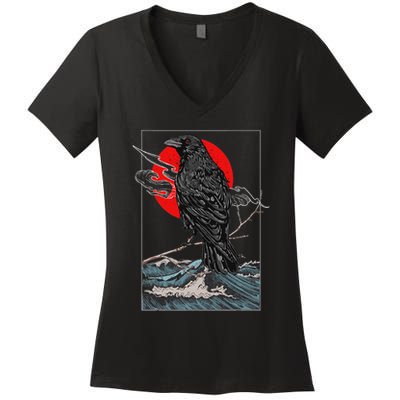 Red Moon Raven Graphic Black Crow Women's V-Neck T-Shirt