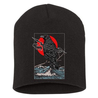 Red Moon Raven Graphic Black Crow Short Acrylic Beanie