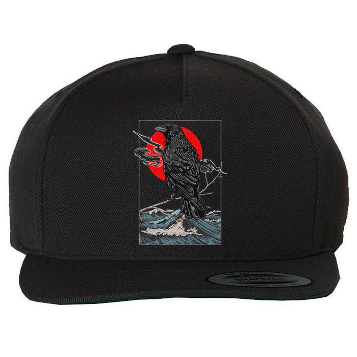 Red Moon Raven Graphic Black Crow Wool Snapback Cap