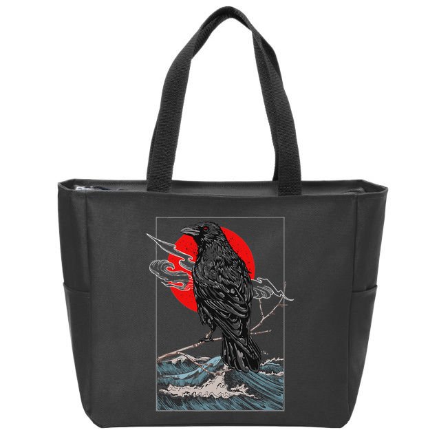 Red Moon Raven Graphic Black Crow Zip Tote Bag