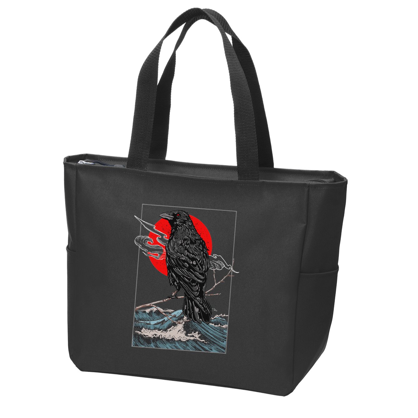 Red Moon Raven Graphic Black Crow Zip Tote Bag