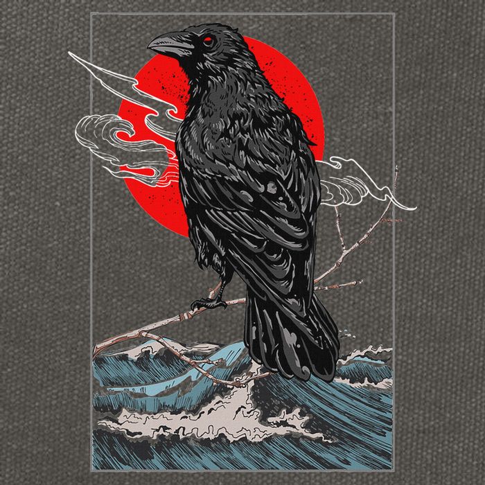 Red Moon Raven Graphic Black Crow Cotton Canvas Backpack