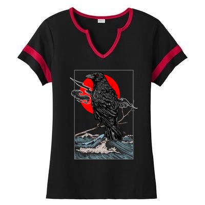 Red Moon Raven Graphic Black Crow Ladies Halftime Notch Neck Tee