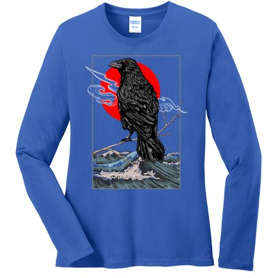 Red Moon Raven Graphic Black Crow Ladies Long Sleeve Shirt