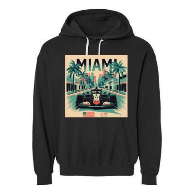 Retro Miami Racing Car Formula Racing Garment-Dyed Fleece Hoodie