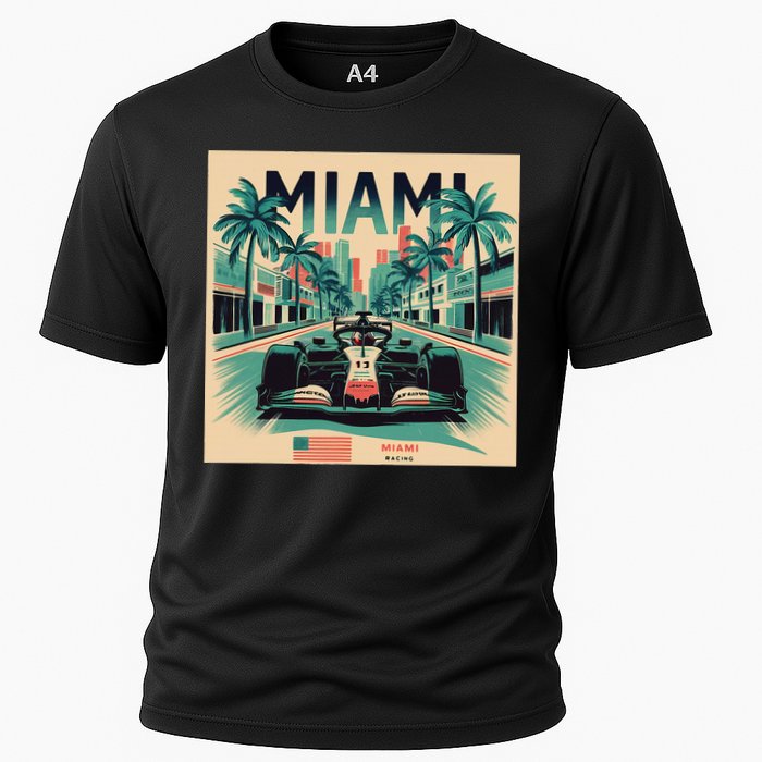 Retro Miami Racing Car Formula Racing Cooling Performance Crew T-Shirt