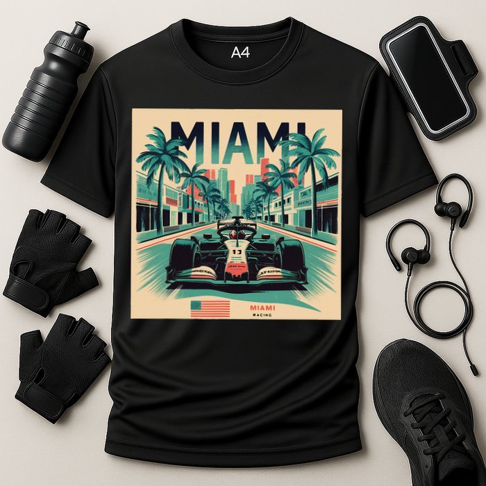 Retro Miami Racing Car Formula Racing Cooling Performance Crew T-Shirt