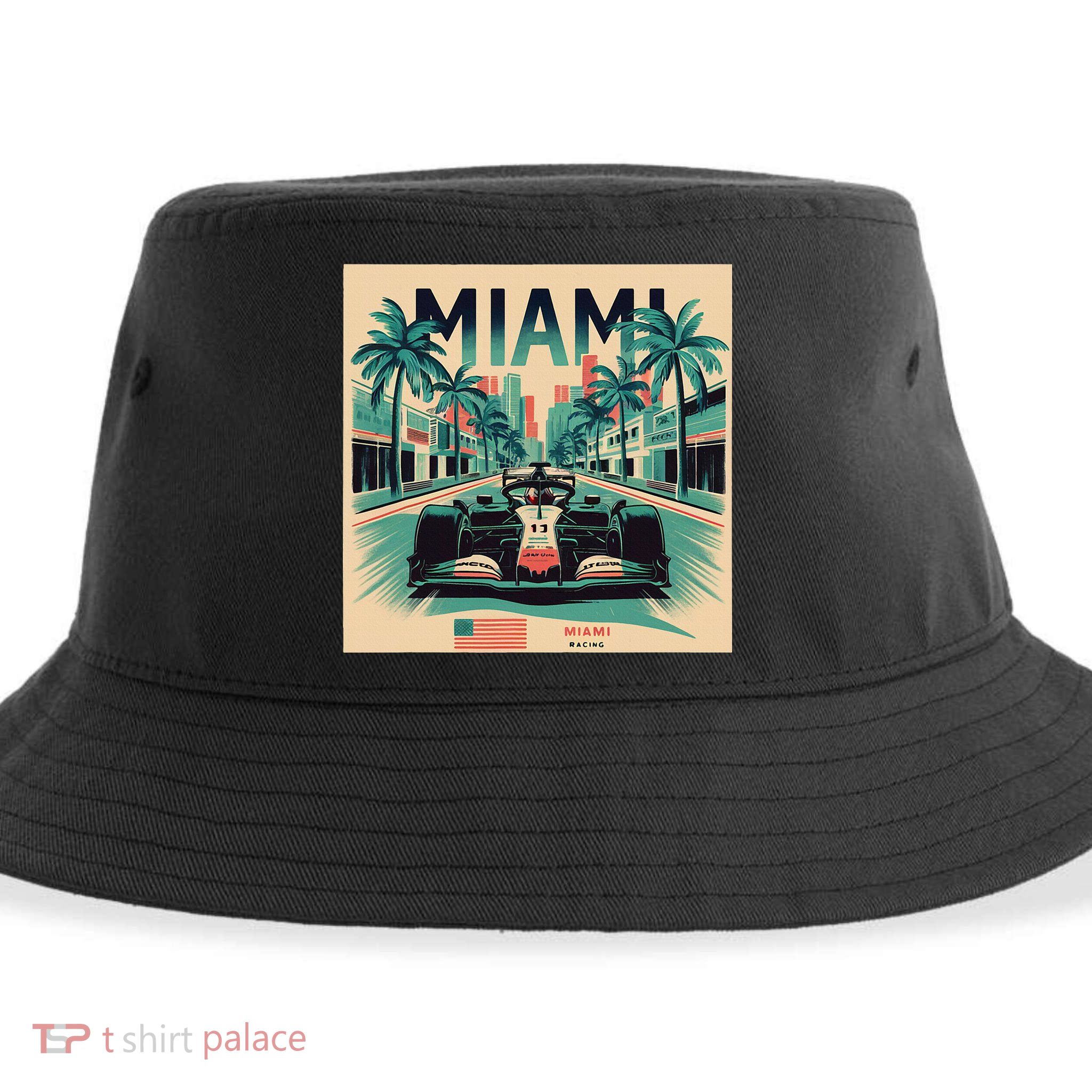 Retro Miami Racing Car Formula Racing Sustainable Bucket Hat