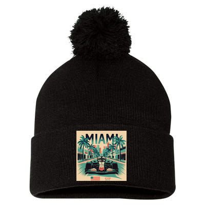 Retro Miami Racing Car Formula Racing Pom Pom 12in Knit Beanie