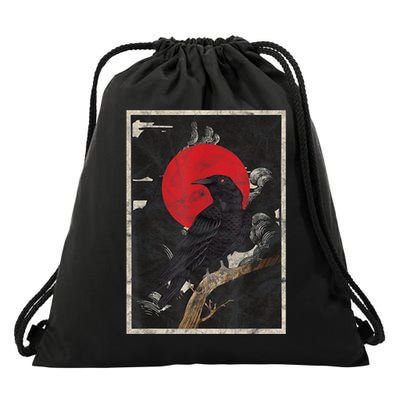 Red Moon Raven Graphic Black Crow Drawstring Bag
