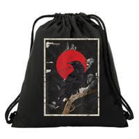 Red Moon Raven Graphic Black Crow Drawstring Bag