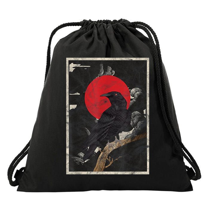 Red Moon Raven Graphic Black Crow Drawstring Bag