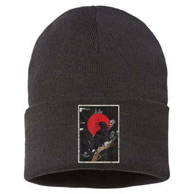 Red Moon Raven Graphic Black Crow Sustainable Knit Beanie