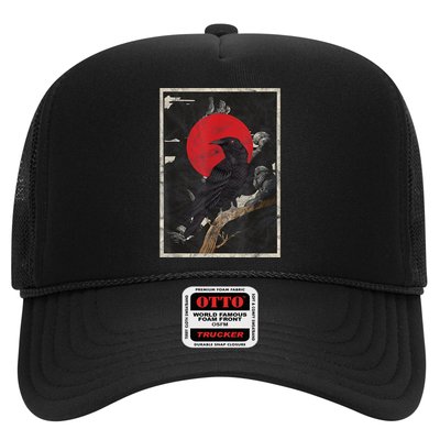 Red Moon Raven Graphic Black Crow Trucker Hat