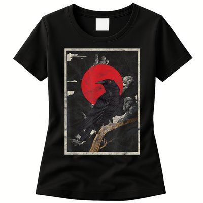 Red Moon Raven Graphic Black Crow Womens T-Shirt