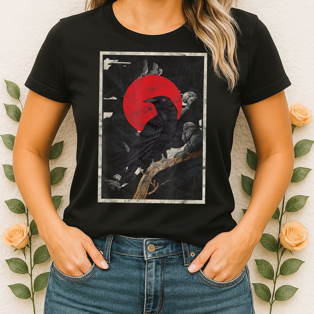 Red Moon Raven Graphic Black Crow Womens T-Shirt