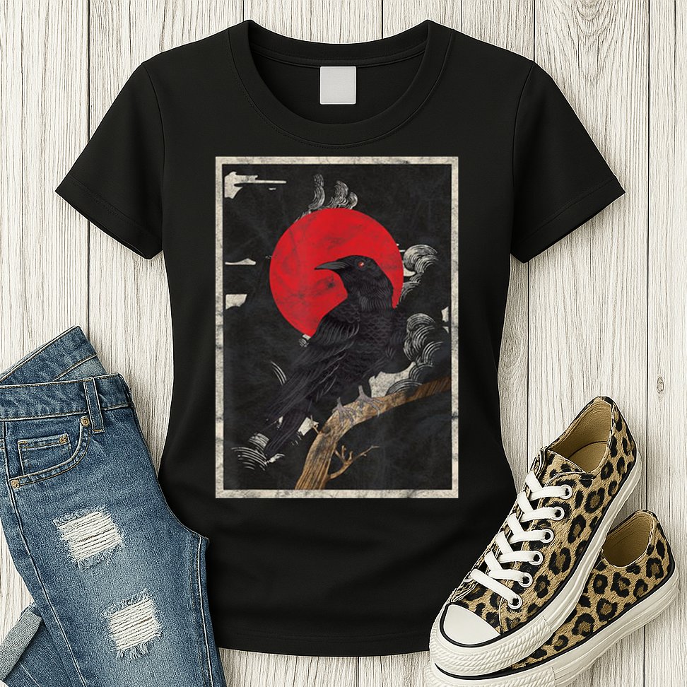 Red Moon Raven Graphic Black Crow Womens T-Shirt