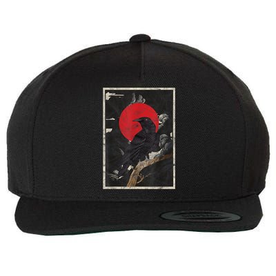 Red Moon Raven Graphic Black Crow Wool Snapback Cap
