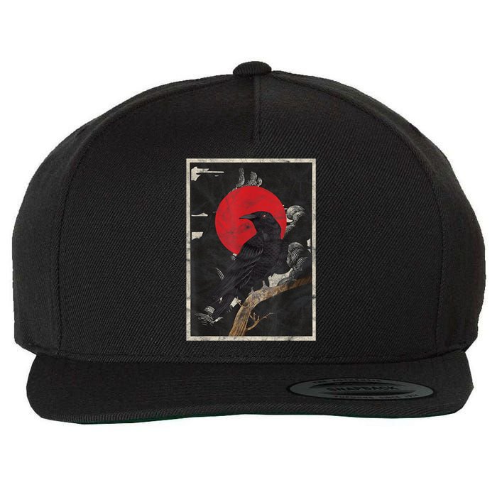 Red Moon Raven Graphic Black Crow Wool Snapback Cap