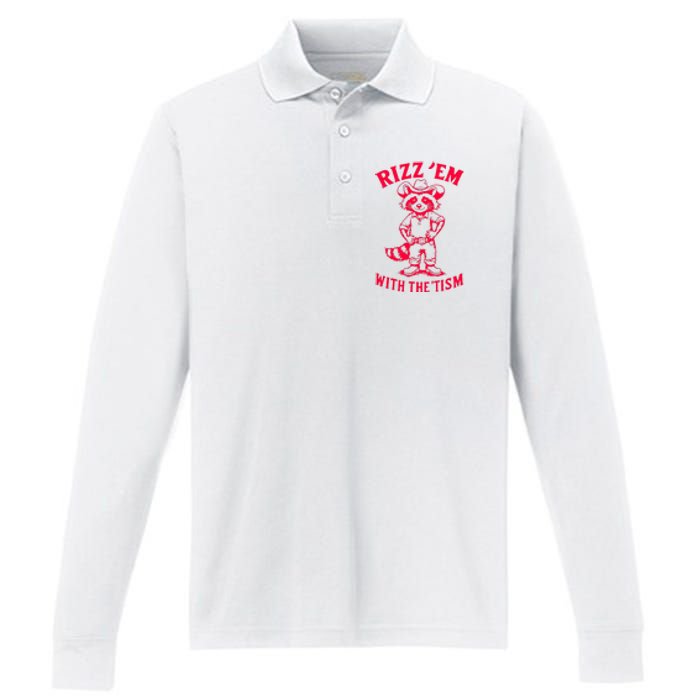 Raccoon Meme Rizz Em With The Tism Vintage Autism Awareness Performance Long Sleeve Polo